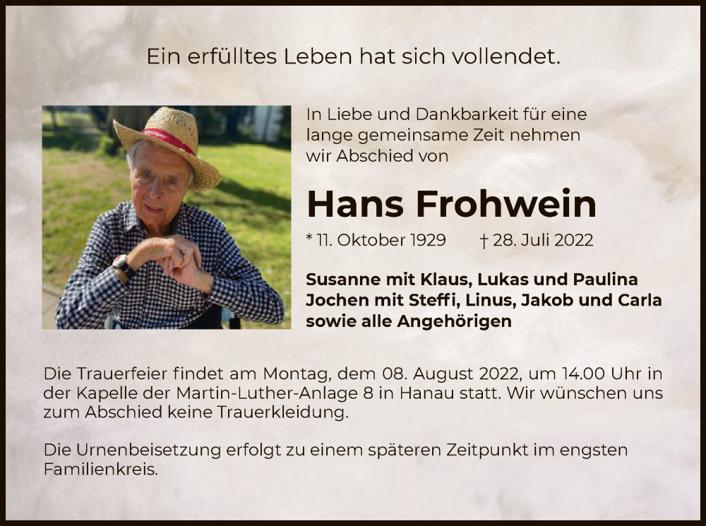  Traueranzeige für Hans Frohwein vom 30.07.2022 aus OF
