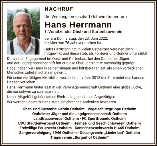 Traueranzeige von Hans Herrmann von OF