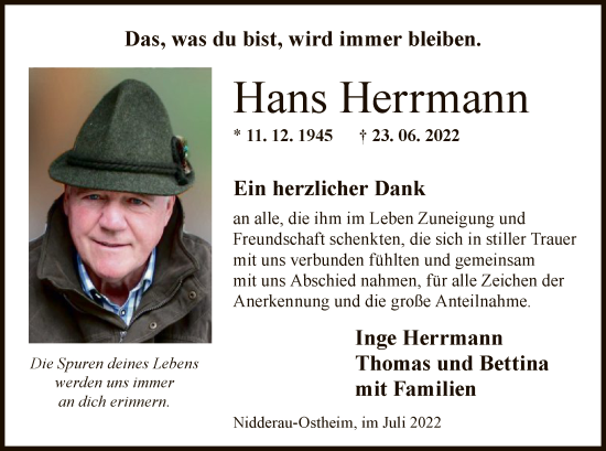 Traueranzeige von Hans Herrmann von OF