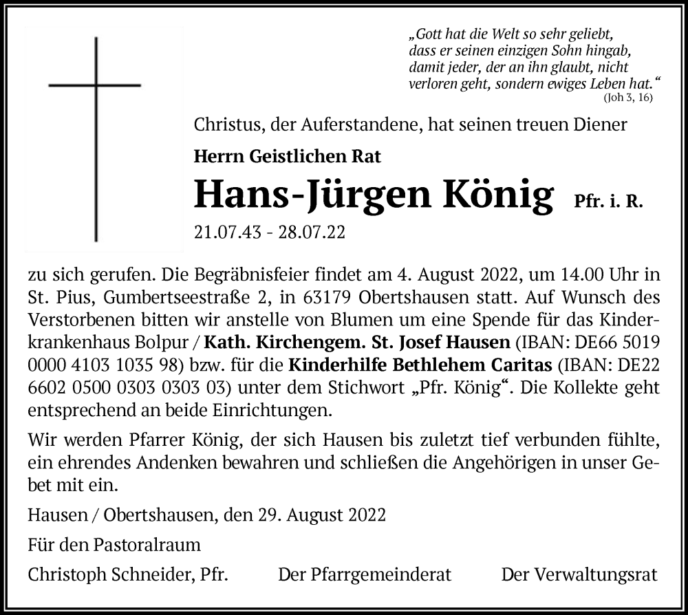  Traueranzeige für Hans-Jürgen König vom 30.07.2022 aus OF