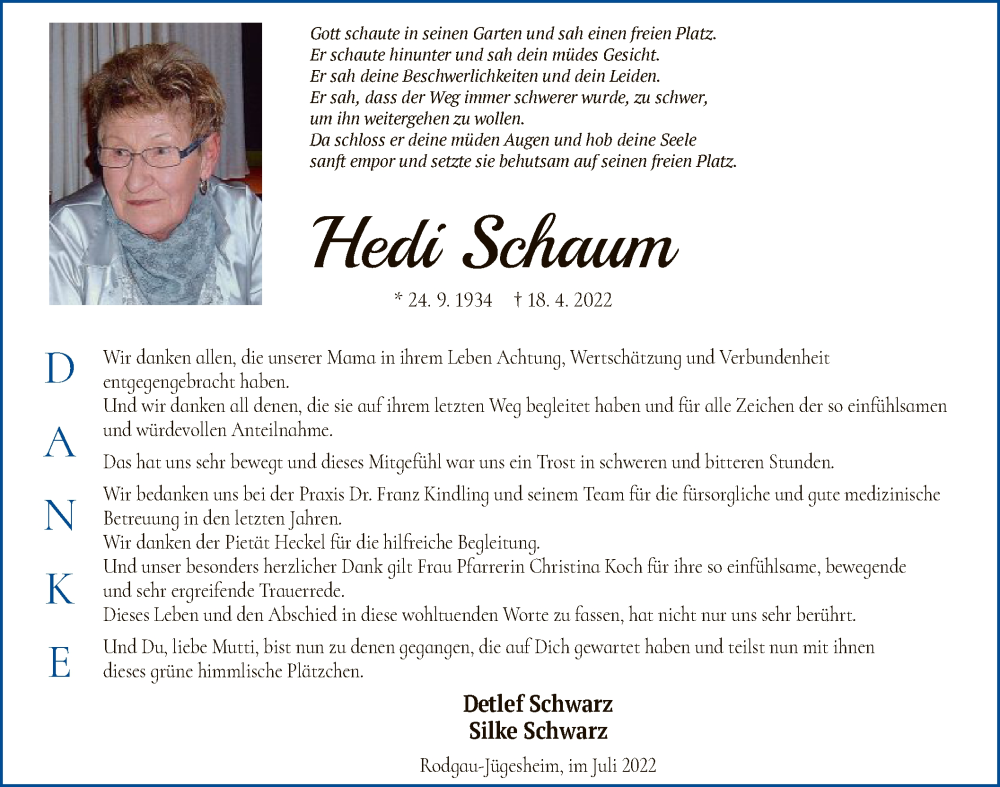  Traueranzeige für Hedi Schaum vom 30.07.2022 aus OF