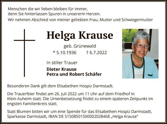 Traueranzeige von Helga Krause von OF