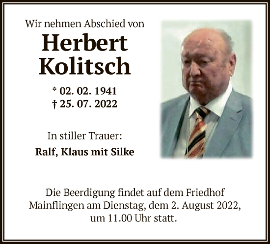 Traueranzeige von Herbert Kolitsch von OF