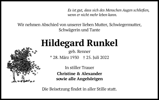 Traueranzeige von Hildegard Runkel von OF