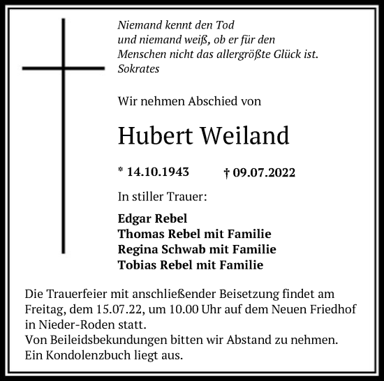 Traueranzeige von Hubert Weiland von OF