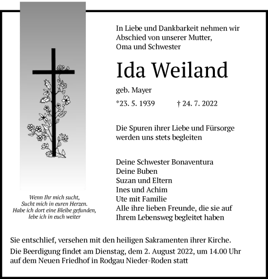 Traueranzeige von Ida Weiland von OF