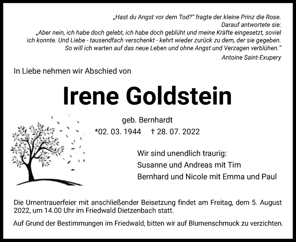  Traueranzeige für Irene Goldstein vom 30.07.2022 aus OF