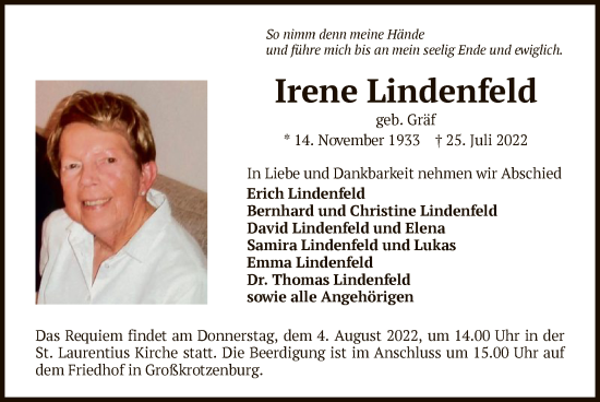 Traueranzeige von Irene Lindenfeld von OF