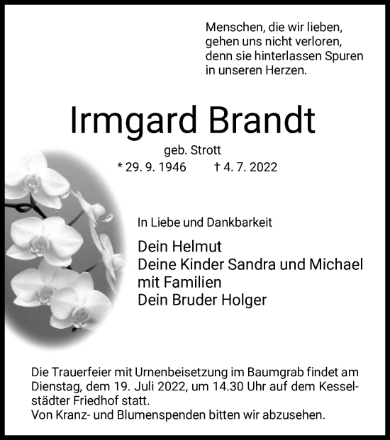 Traueranzeige von Irmgard Brandt von OF