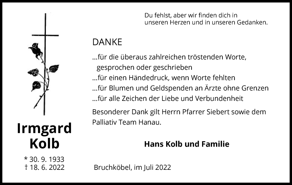  Traueranzeige für Irmgard Kolb vom 23.07.2022 aus OF