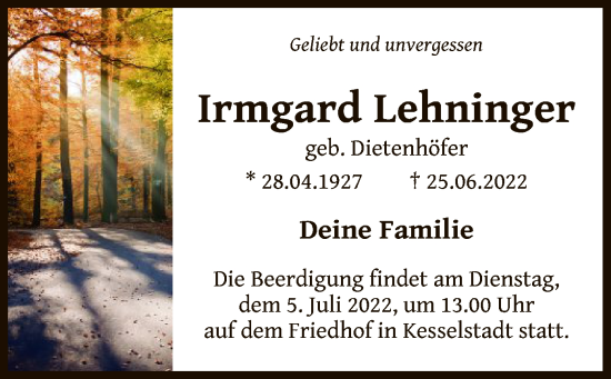 Traueranzeige von Irmgard Lehninger von OF