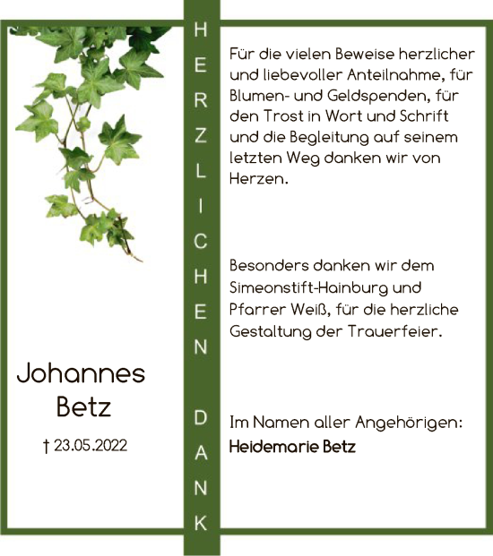 Traueranzeige von Johannes Betz von OF