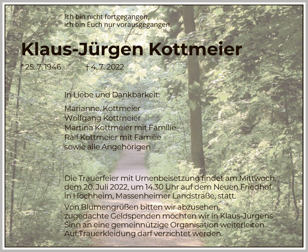  Traueranzeige für Klaus-Jürgen Kottmeier vom 09.07.2022 aus OF