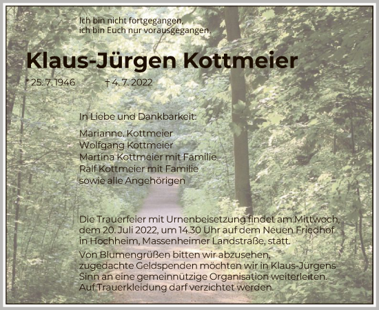 Traueranzeige von Klaus-Jürgen Kottmeier von OF