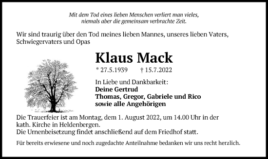 Traueranzeige von Klaus Mack von OF