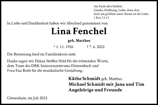 Traueranzeige von Lina Fenchel von OF