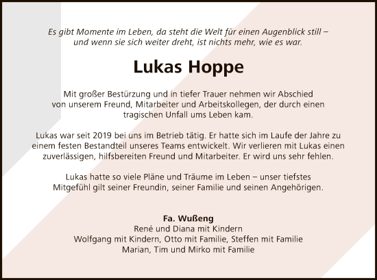 Traueranzeige von Lukas Hoppe von OF