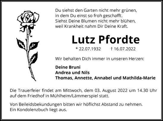 Traueranzeige von Lutz Pfordte von OF