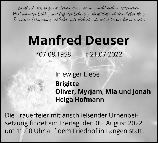 Traueranzeige von Manfred Deuser von OF