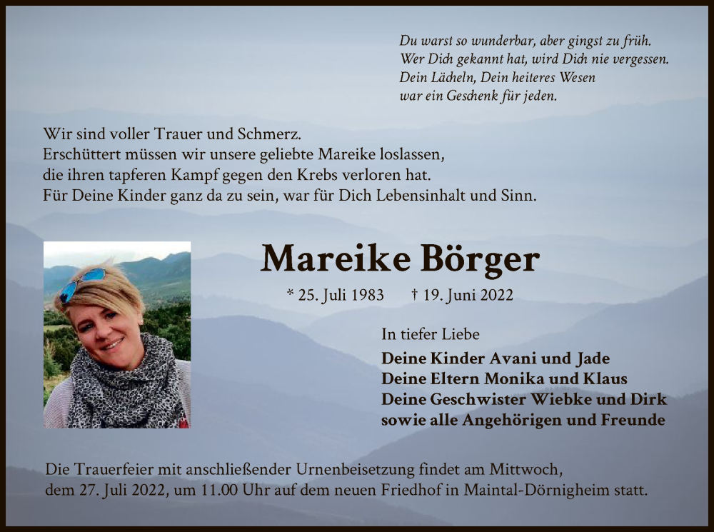  Traueranzeige für Mareike Börger vom 23.07.2022 aus OF