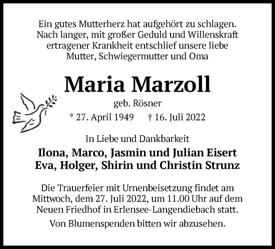 Traueranzeige von Maria Marzoll von OF