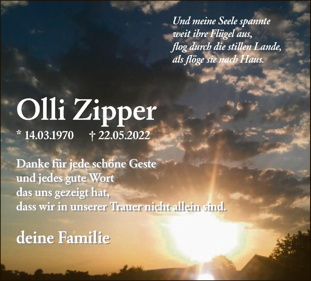  Traueranzeige für Olli Zipper vom 16.07.2022 aus OF