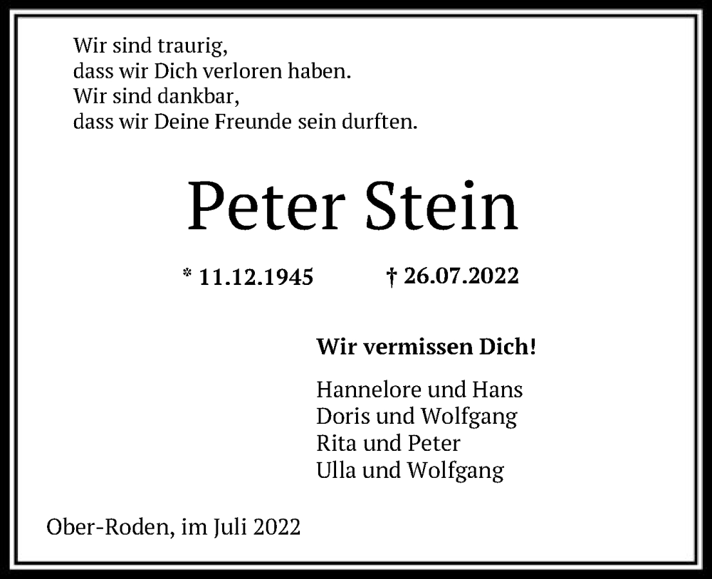  Traueranzeige für Peter Stein vom 30.07.2022 aus OF