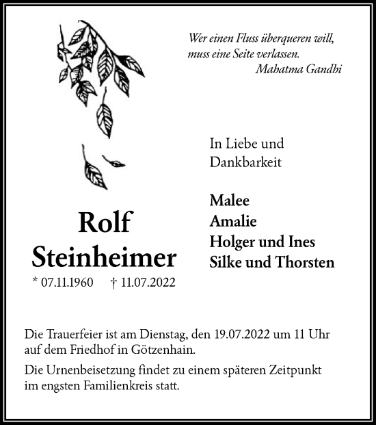 Traueranzeige von Rolf Steinheimer von OF