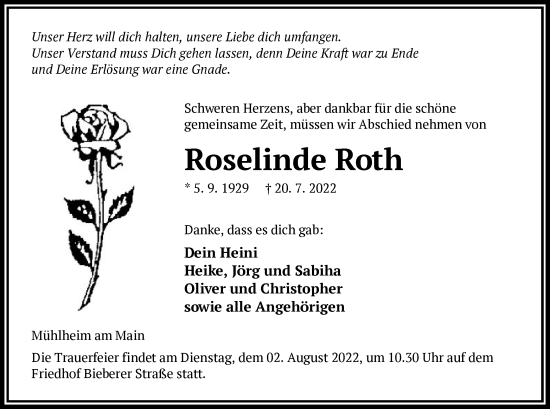 Traueranzeige von Roselinde Roth von OF