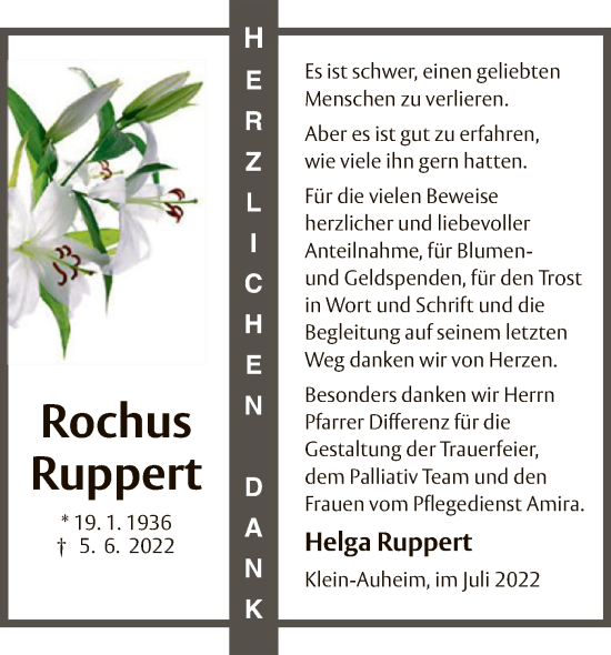 Traueranzeige von Ruppert Rochus von OF