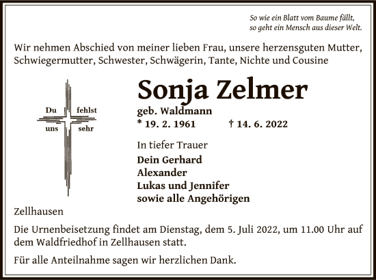 Traueranzeige von Sonja Zelmer von OF