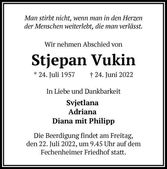 Traueranzeige von Stjepan Vukin von OF