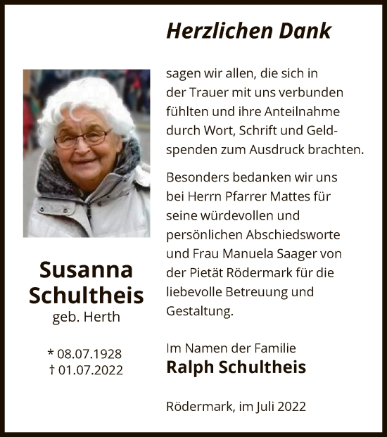 Traueranzeige von Susanna Schultheis von OF