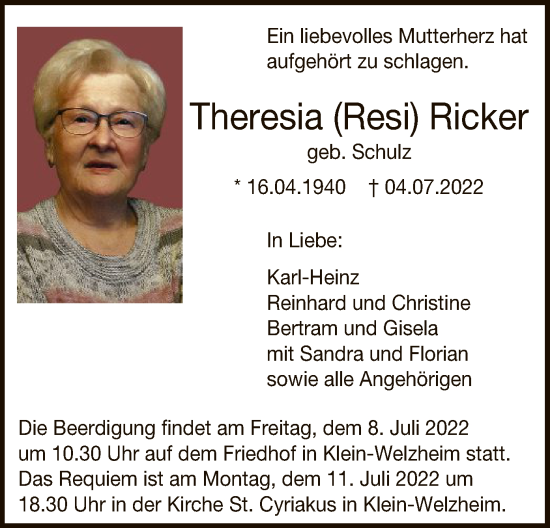 Traueranzeige von Theresia Ricker von OF