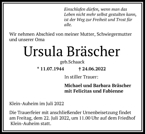 Traueranzeige von Ursula Bräscher von OF