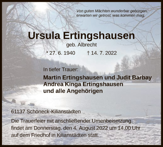 Traueranzeige von Ursula Ertingshausen von OF