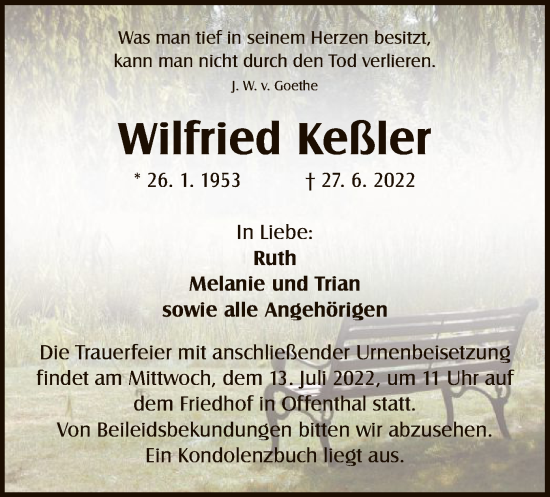 Traueranzeige von Wilfried Keßler von OF