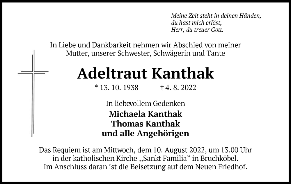  Traueranzeige für Adeltraut Kanthak vom 06.08.2022 aus OF