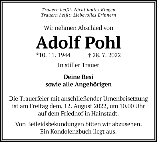 Traueranzeige von Adolf Pohl von OF