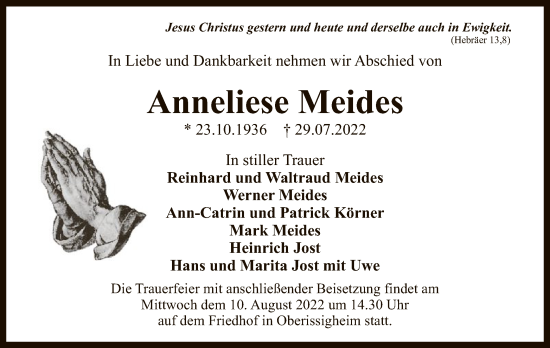 Traueranzeige von Anneliese Meides von OF