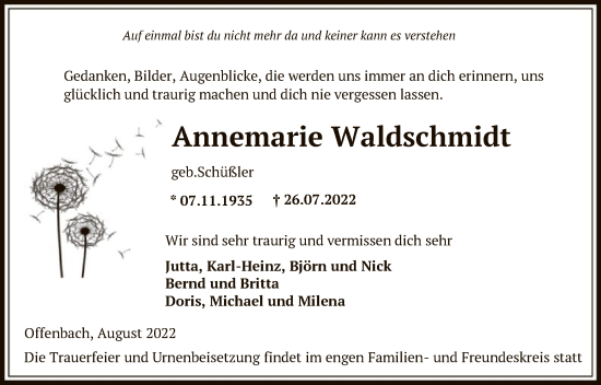 Traueranzeige von Annemarie Waldschmidt von OF