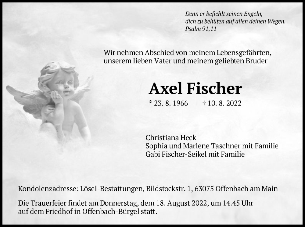  Traueranzeige für Axel Fischer vom 13.08.2022 aus OF