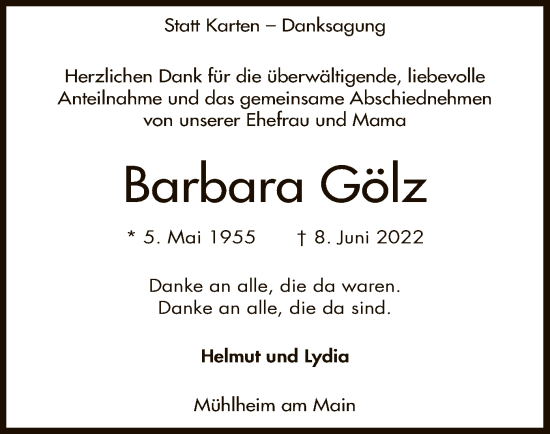 Traueranzeige von Barbara Gölz von OF