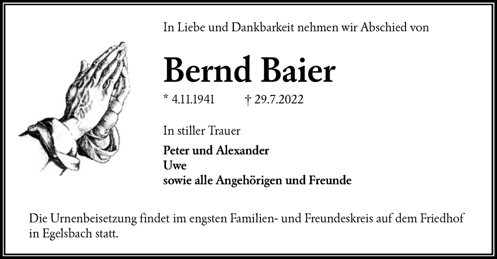  Traueranzeige für Bernd Baier vom 04.08.2022 aus OF