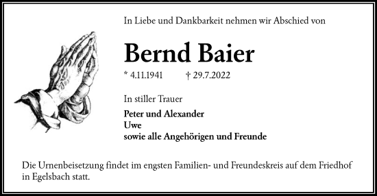 Traueranzeige von Bernd Baier von OF