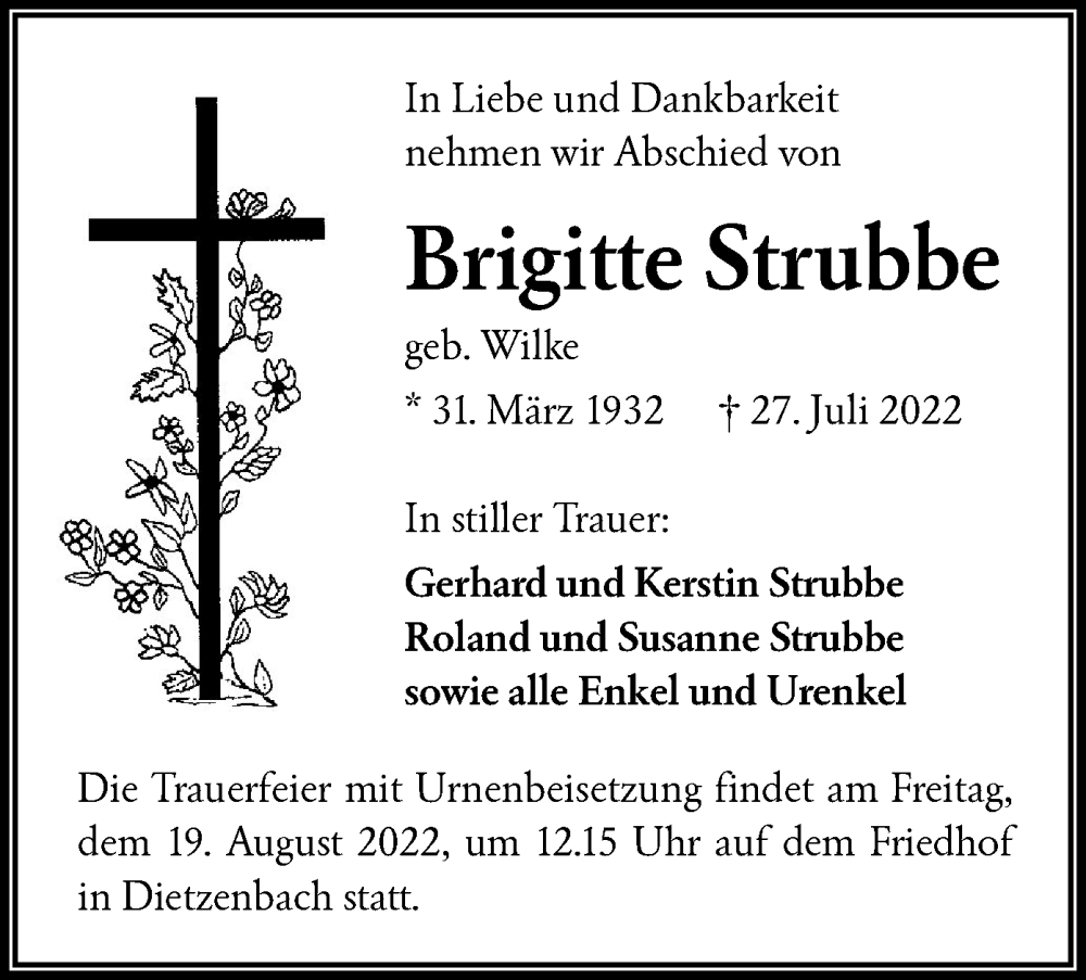  Traueranzeige für Brigitte Strubbe vom 06.08.2022 aus OF