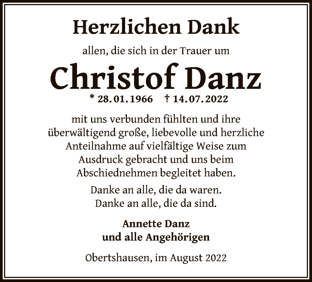  Traueranzeige für Christof Danz vom 20.08.2022 aus OF