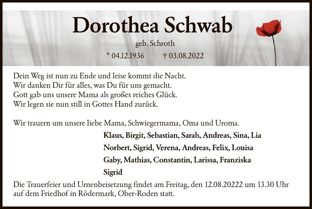  Traueranzeige für Dorothea Schwab vom 10.08.2022 aus OF