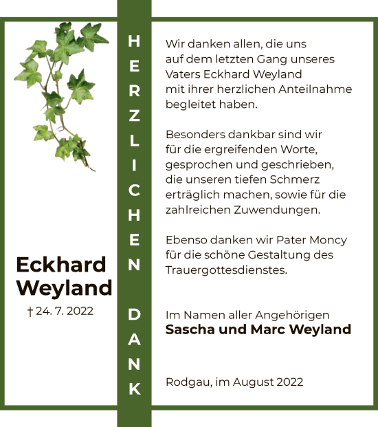 Traueranzeige von Eckhard Weyland von OF