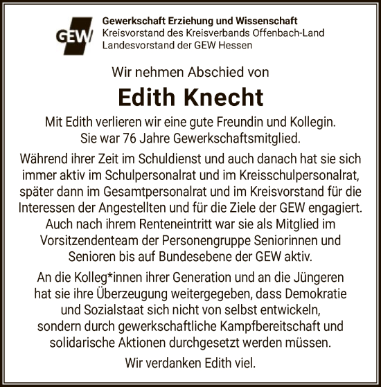 Traueranzeige von Edith Knecht von OF